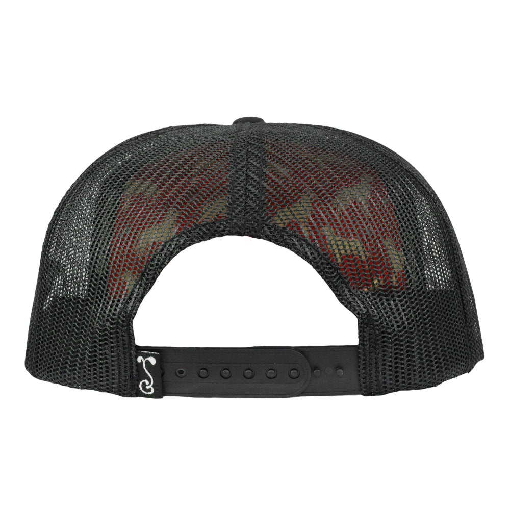 Black mesh snapback hat back view with adjustable gray strap and grommets