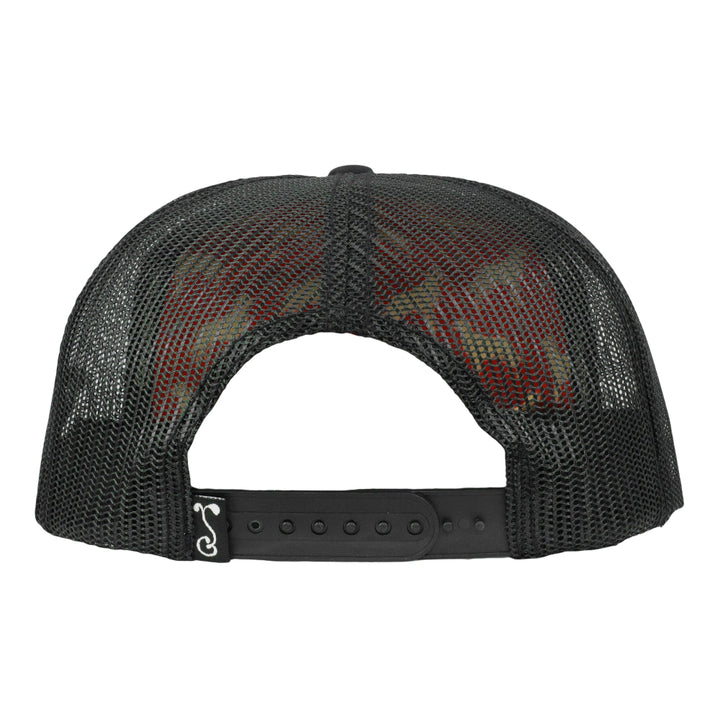 Black mesh snapback hat back view with adjustable gray strap and grommets