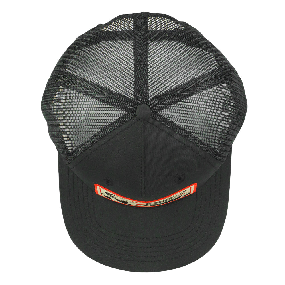 Black mesh snapback hat top view with stitched panels and center seam