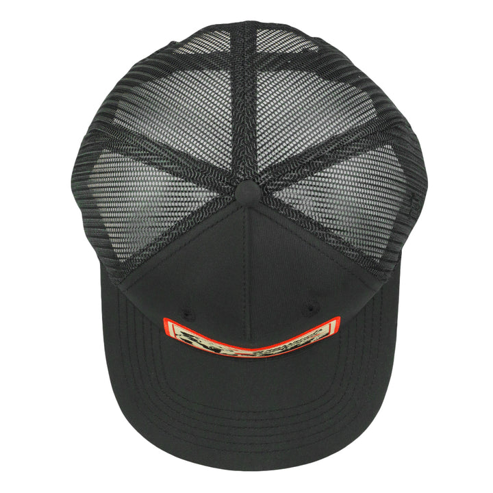 Black mesh snapback hat top view with stitched panels and center seam