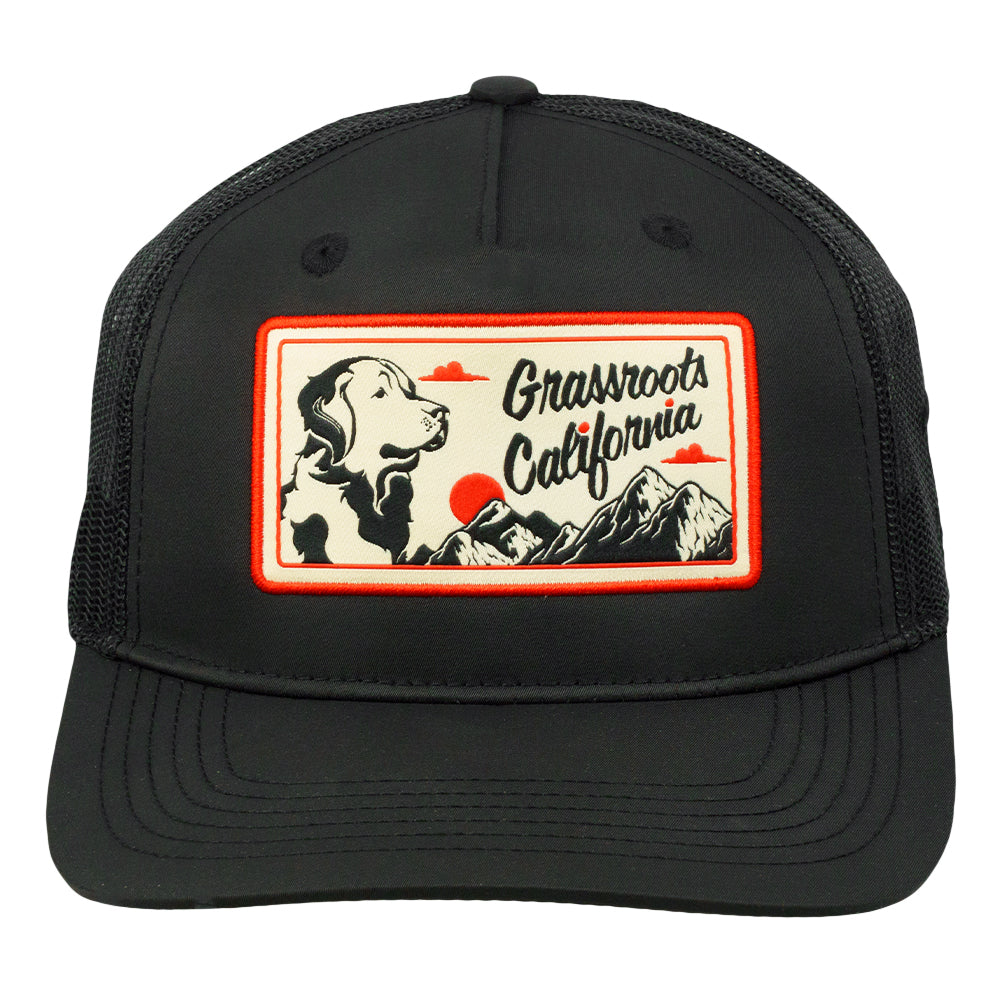 Black snapback mesh hat with front orange Grasswoofs California logo patch