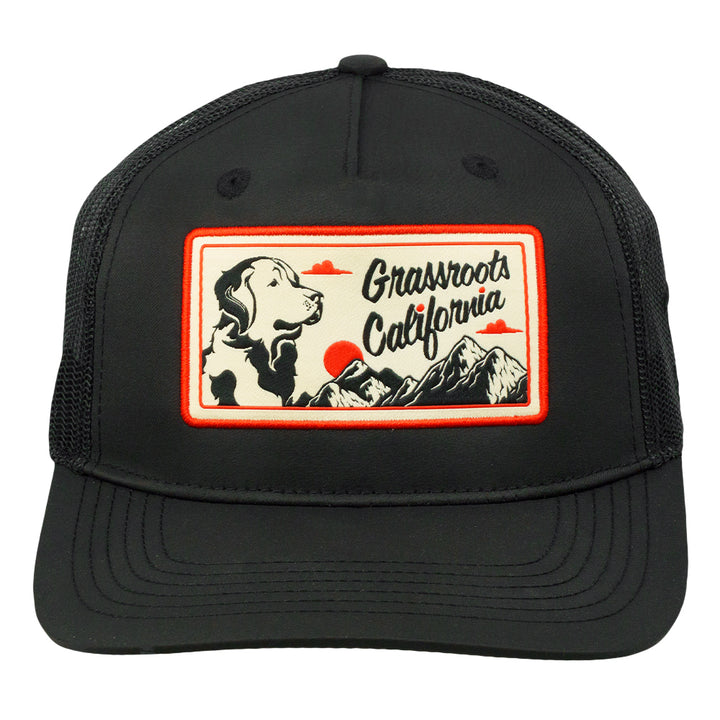 Black snapback mesh hat with front orange Grasswoofs California logo patch