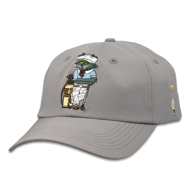 Gray dad hat with embroidered cat holding a golf bag and club on the front panel.