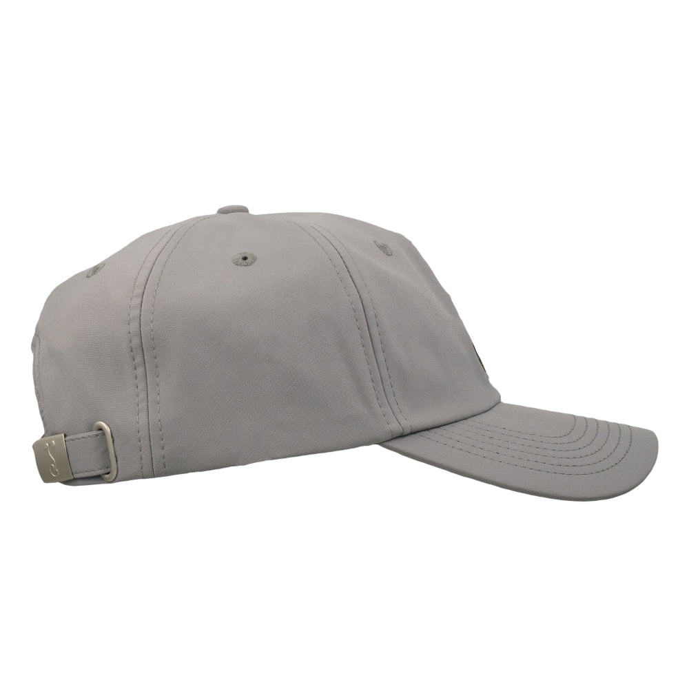 Gray dad hat, side view with adjustable strap tab and curved brim stitching.