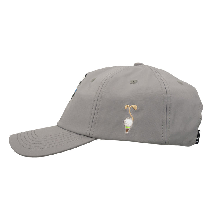 Gray dad hat, side profile with small embroidered golf flamingo logo near the crown.