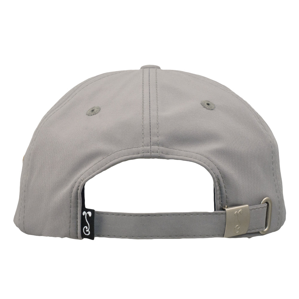 Gray dad hat, back view showing adjustable strap and small ventilation grommets.