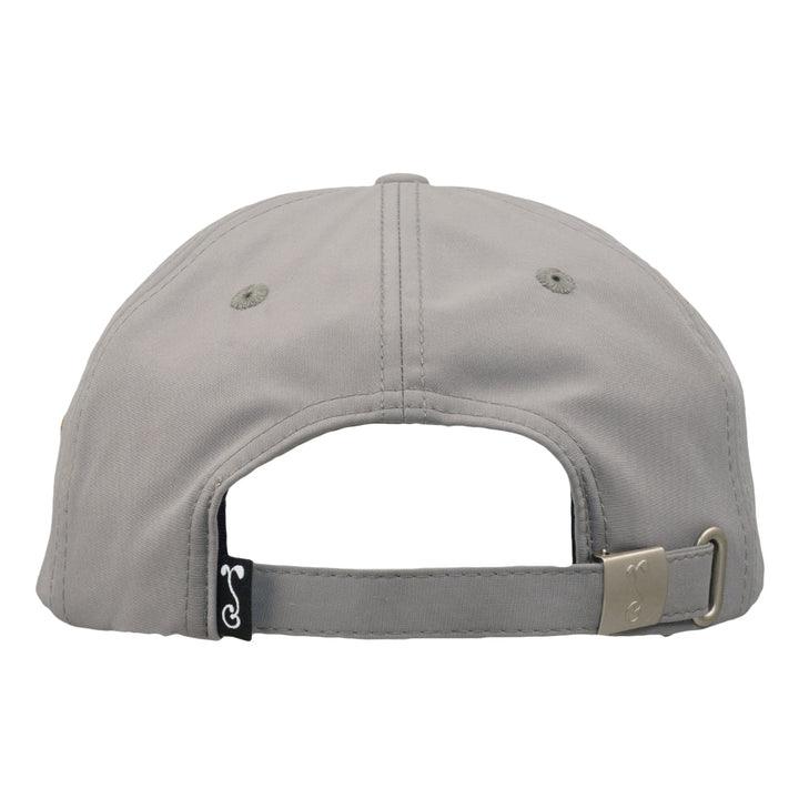 Gray dad hat, back view showing adjustable strap and small ventilation grommets.