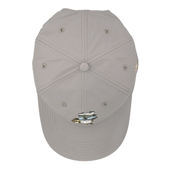 Gray dad hat, back view with center button and small embroidered golf scene below.