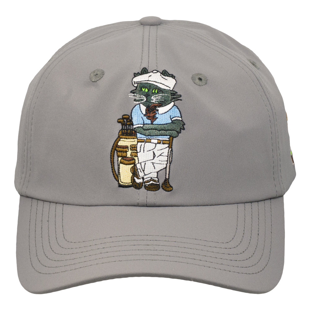 Gray dad hat with front embroidery of a lynx-like cat wearing a golf outfit and holding a ball.