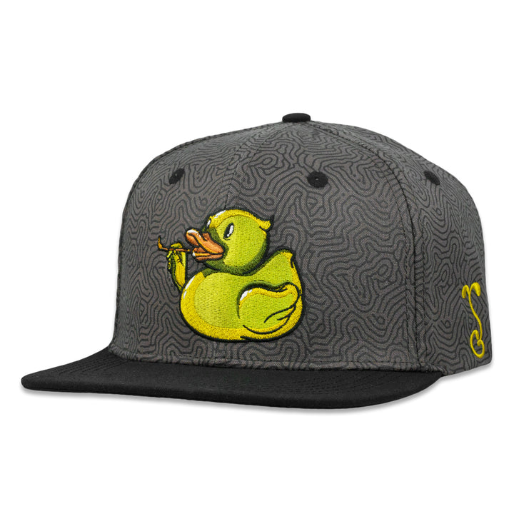 Gray snapback hat with black brim and yellow duck front patch