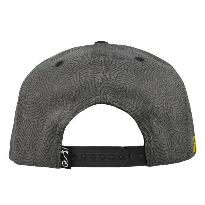 Gray snapback hat back view with adjustable black strap and button