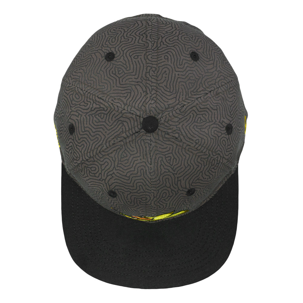 Gray snapback hat rear view with small black button and yellow underbrim line