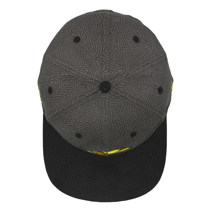 Gray snapback hat rear view with small black button and yellow underbrim line