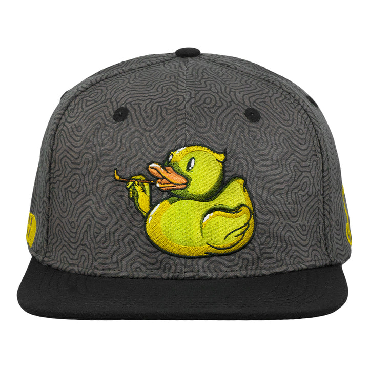 Gray snapback hat with black brim and embroidered yellow duck face patch