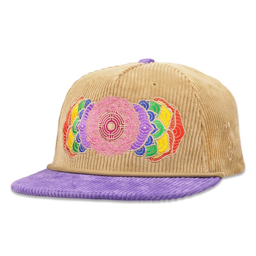 Tan corduroy snapback hat with purple brim and multicolor chakra-style flower embroidery