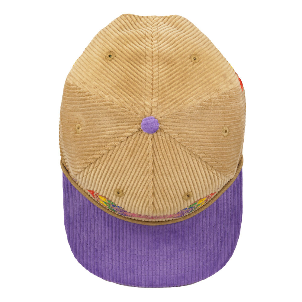 Tan corduroy snapback hat back view with purple top button and purple brim