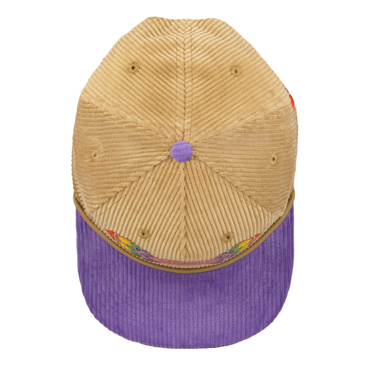 Tan corduroy snapback hat back view with purple top button and purple brim