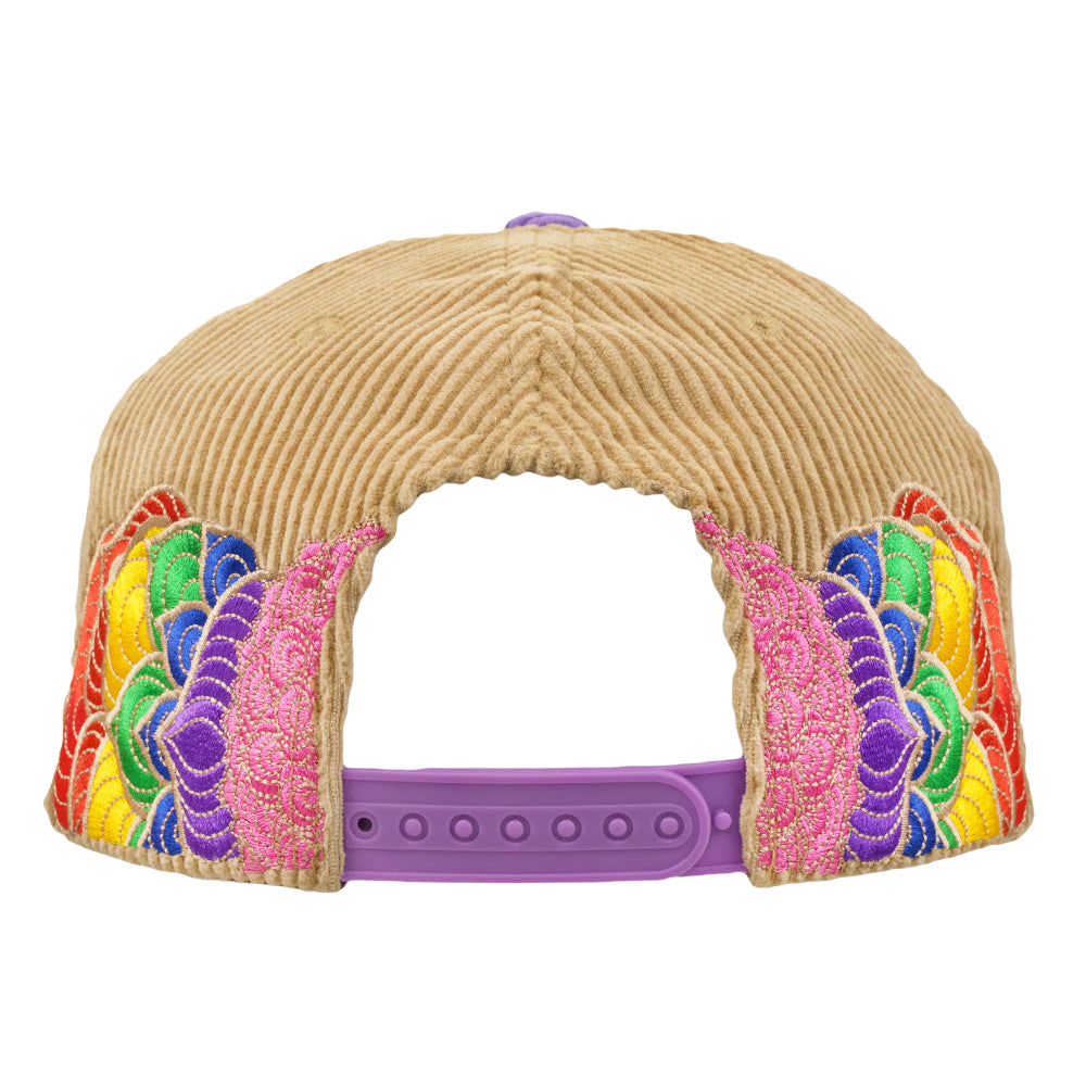 Tan corduroy snapback hat showing purple adjustable strap inside opening