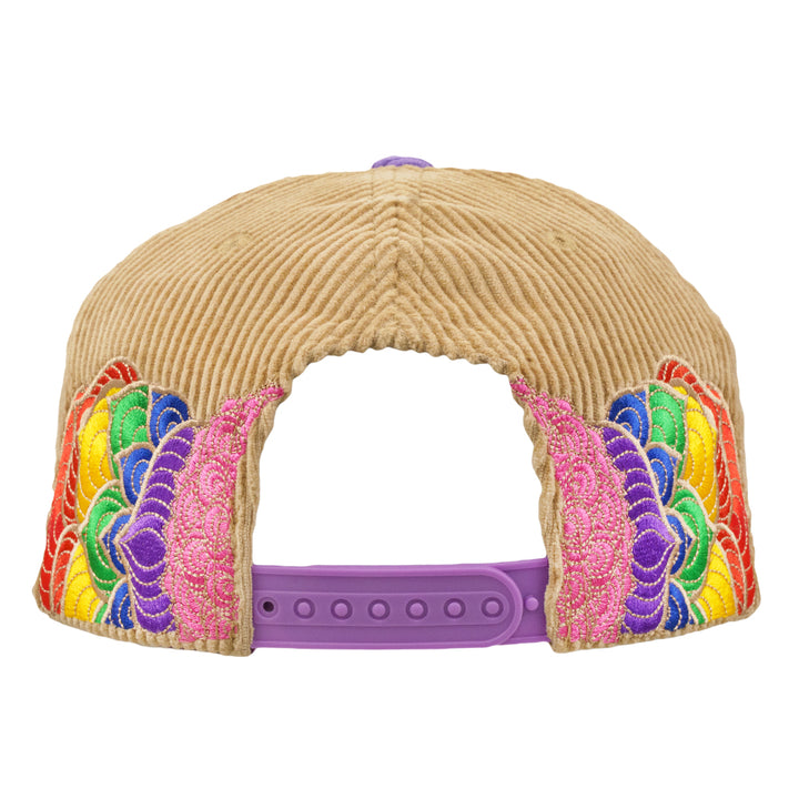 Tan corduroy snapback hat showing purple adjustable strap inside opening