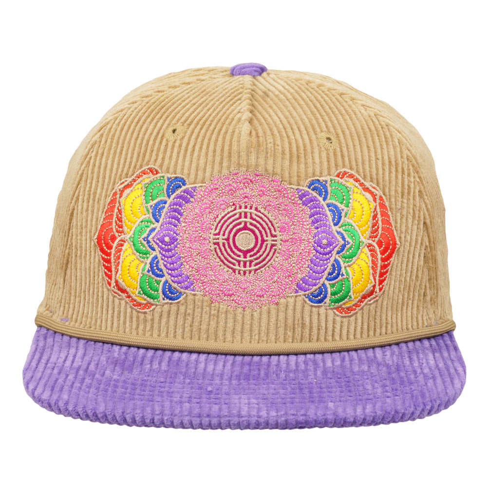 Tan corduroy snapback with purple brim and pink center flower chakra embroidery