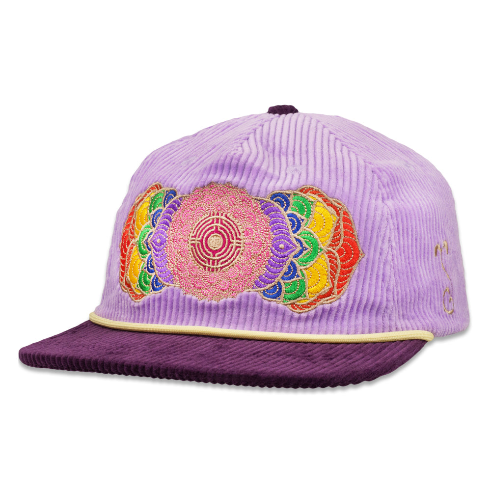 Purple corduroy snapback hat with multicolor chakra flower front patch