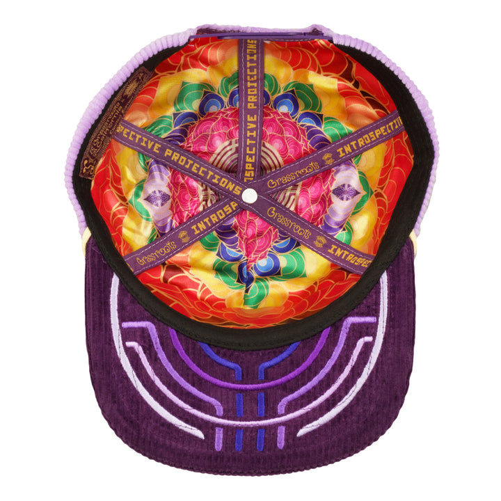 Purple corduroy snapback hat inside view with colorful printed lining
