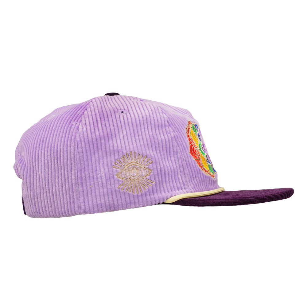 Purple corduroy snapback hat side view with gold sunburst embroidery