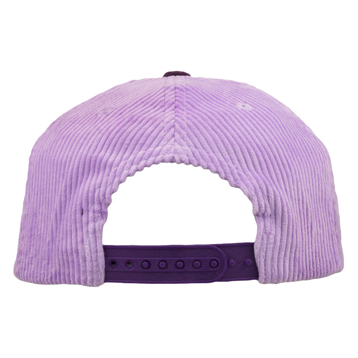 Purple corduroy snapback hat back view with adjustable dark purple strap