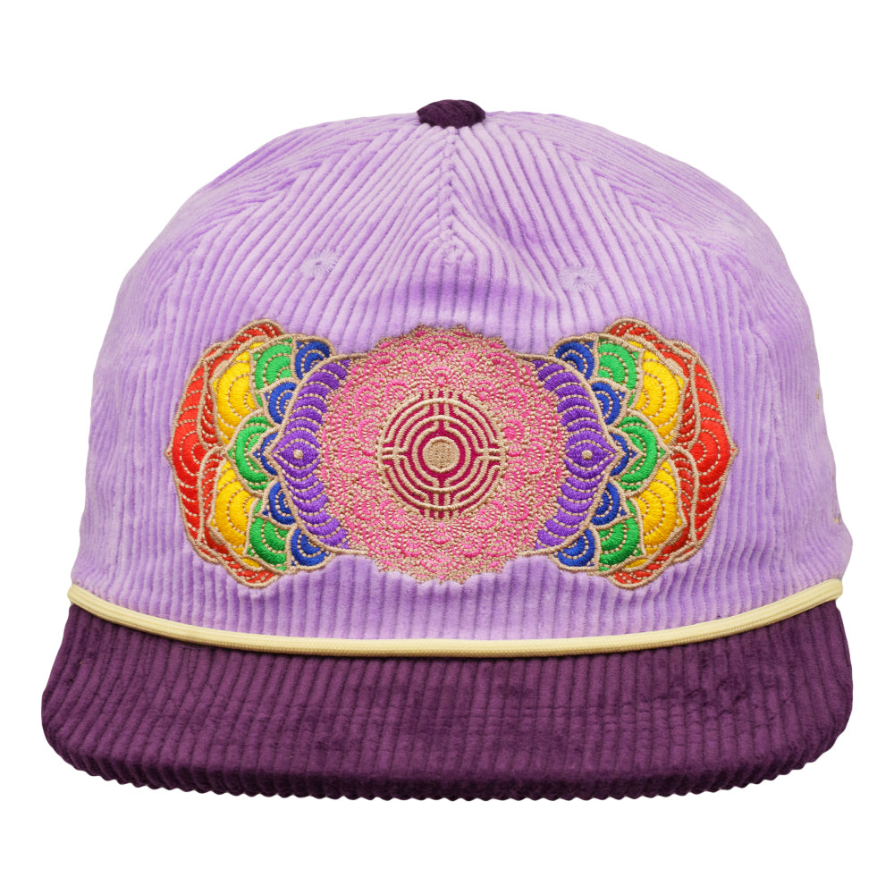 Purple corduroy snapback hat angled front view with multicolor chakra flower embroidery
