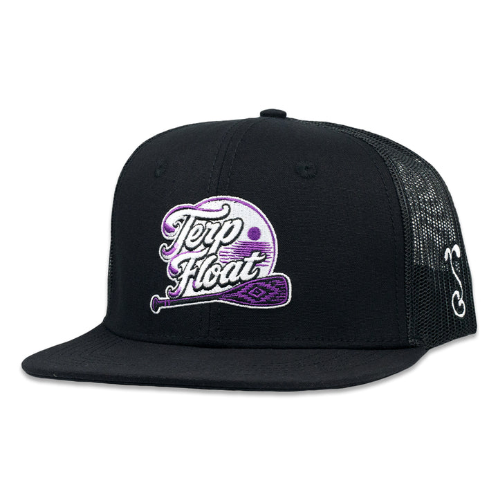 Black mesh snapback hat with purple "Terp Float" front logo patch