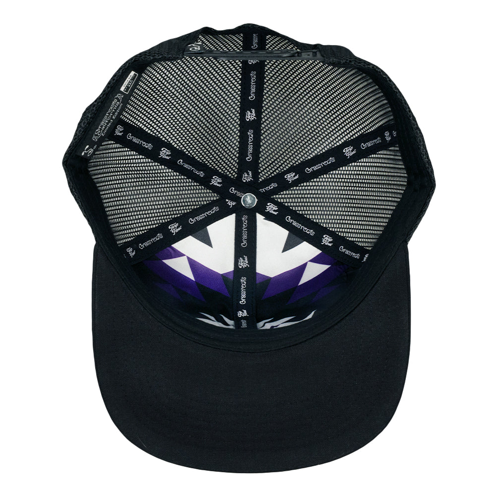 Black mesh snapback hat, back graphic panel with purple starburst design