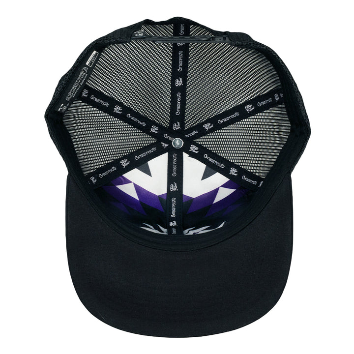 Black mesh snapback hat, back graphic panel with purple starburst design