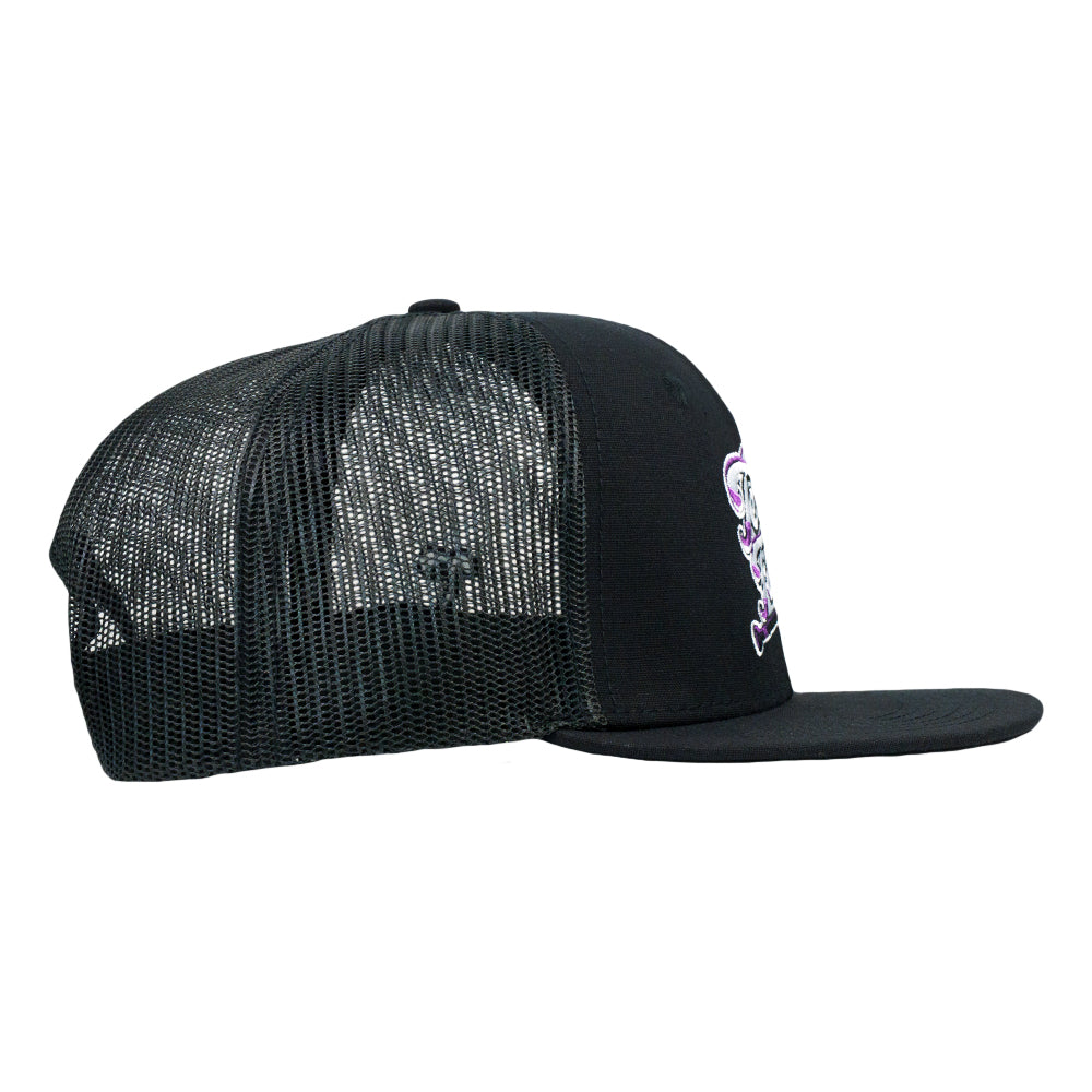 Black mesh snapback hat with purple "Terp Float" side logo