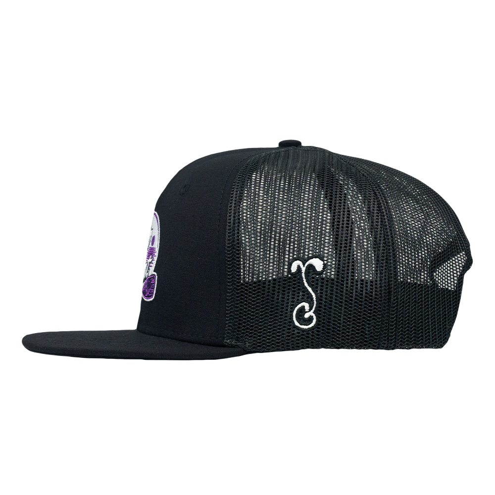 Black mesh snapback hat with white emblem detail on side panel