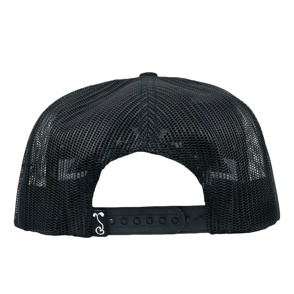 Black mesh snapback hat with adjustable back strap and vented crown