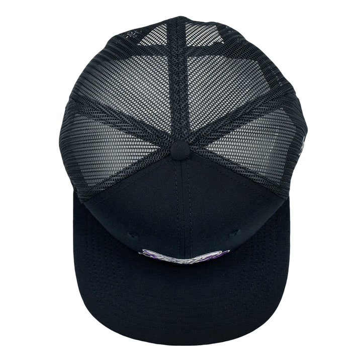 Black mesh snapback hat top view with vented panels and center button