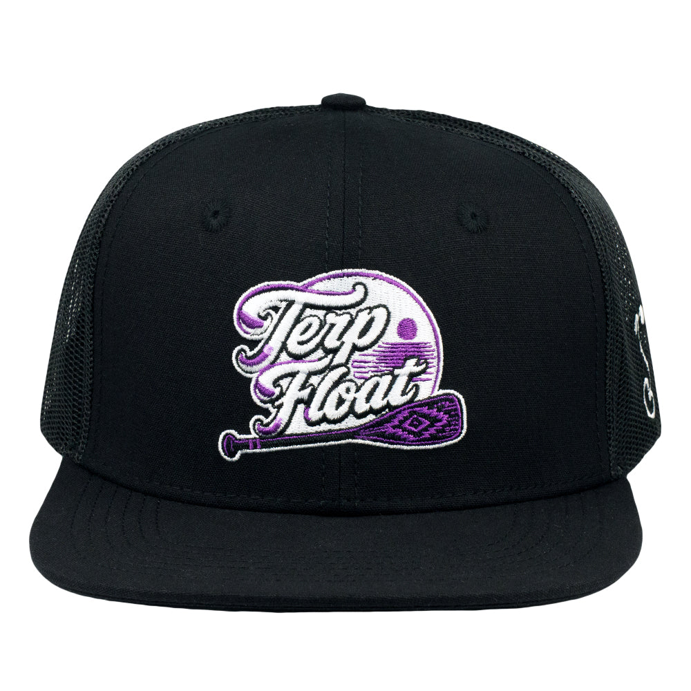 Black mesh snapback hat with purple "Terp Float" front logo