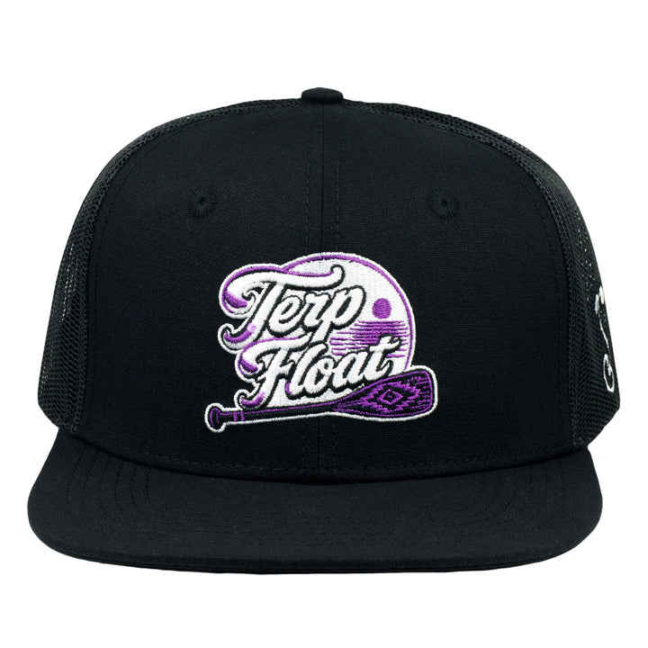 Black mesh snapback hat with purple "Terp Float" front logo