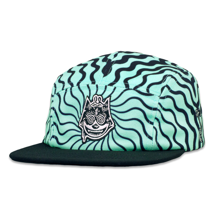 Seafoam and black wavy 5-panel snapback hat with embroidered cat patch on front