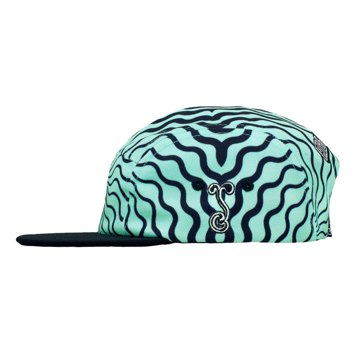 Seafoam and black wavy 5-panel snapback hat with embroidered front crest and brim