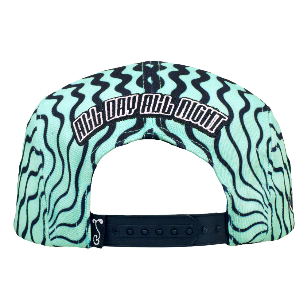 Seafoam wavy 5-panel snapback hat with back strap and black embroidered top text
