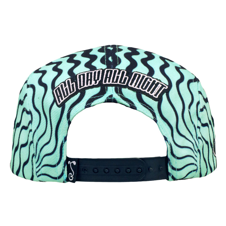 Seafoam wavy 5-panel snapback hat with back strap and black embroidered top text