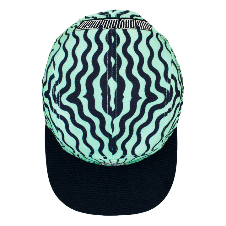 Back view of seafoam wavy 5-panel snapback hat with black button crown