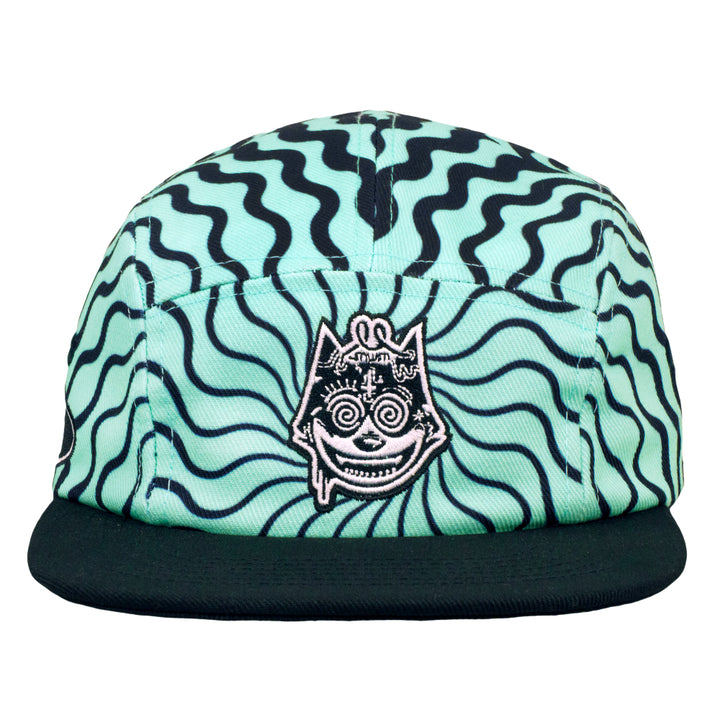 Seafoam wavy snapback hat with embroidered cat face patch and black brim