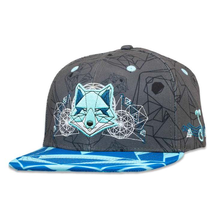 Gray snapback hat with large aqua fox graphic and blue pattern on brim.