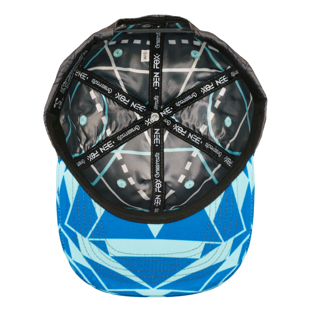 Snapback hat inside view with black geometric lining and bright blue outer brim.