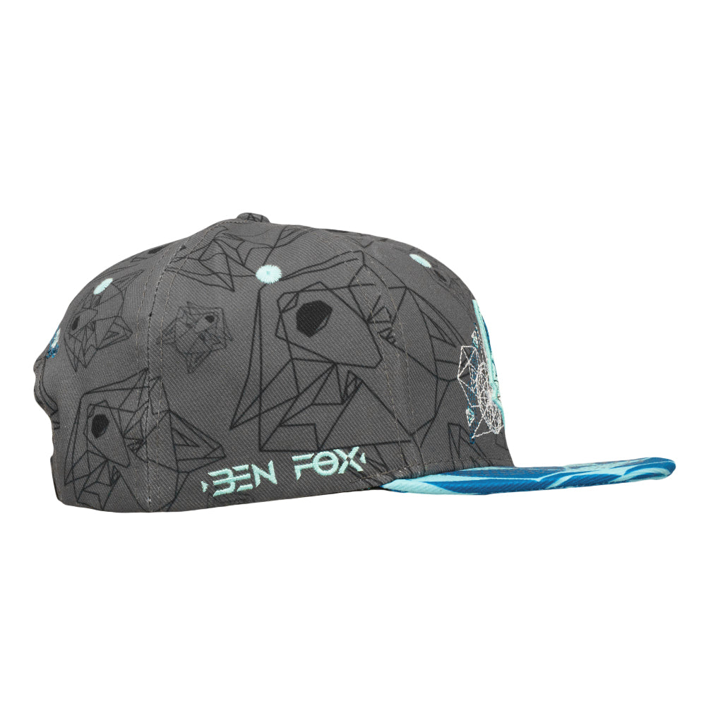 Gray snapback hat side view with “BEN FOX” logo text and blue brim graphic.