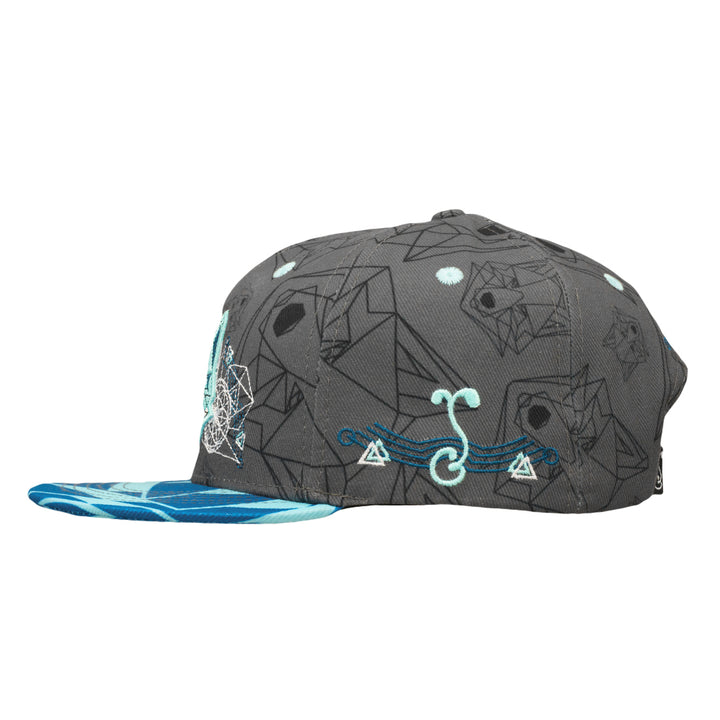 Gray snapback hat with blue symbol embroidery across crown and blue brim edge.
