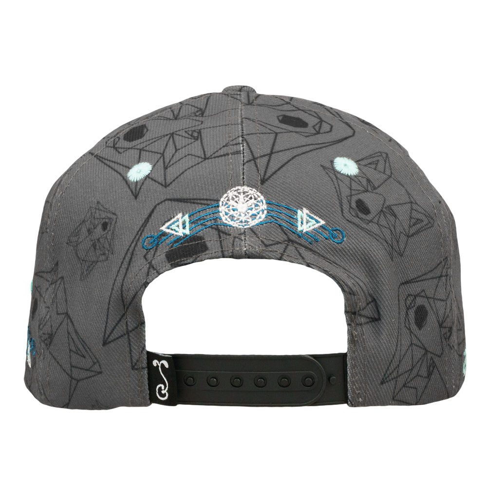 Gray snapback hat back opening with black adjustable strap and blue geometric accents.
