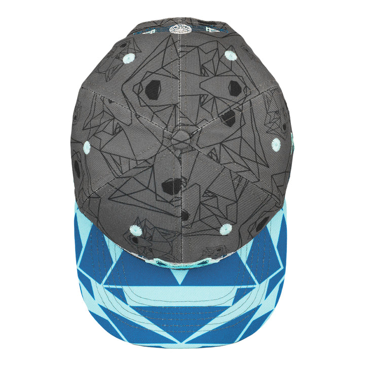 Gray snapback hat top view with geometric print and blue patterned brim.